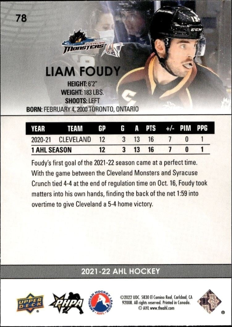 2021-22 Upper Deck AHL Liam Foudy #78 hockey trading card back