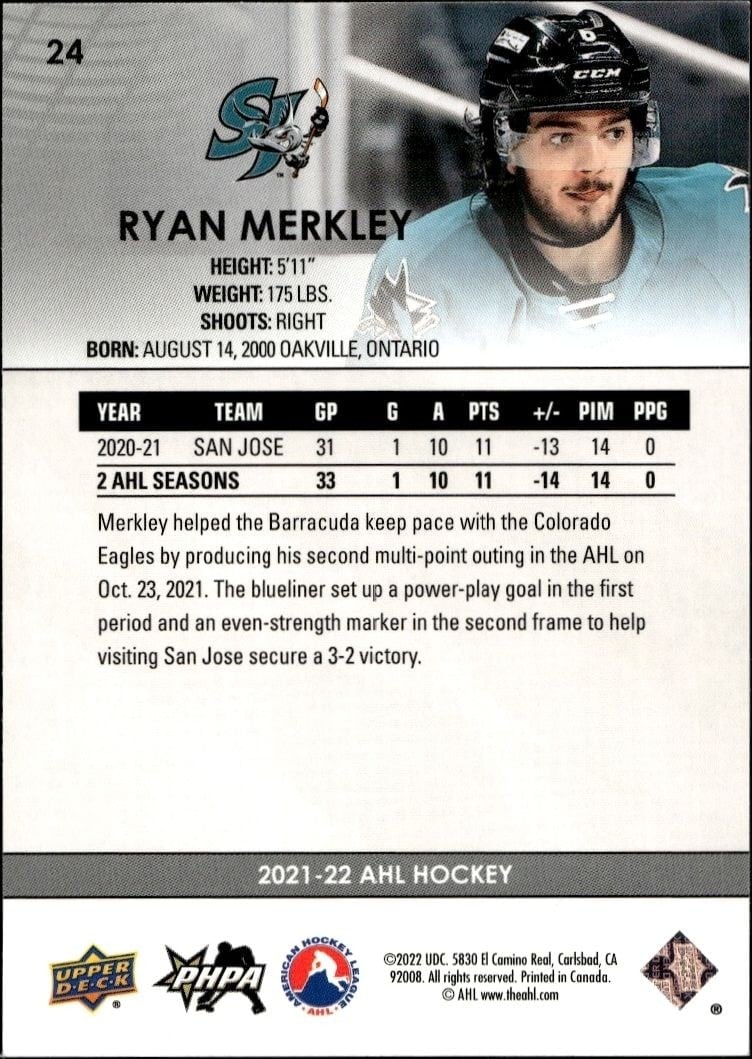 2021-22 Upper Deck AHL Ryan Merkley #24 hockey trading card back