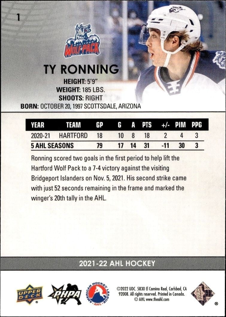 2021-22 Upper Deck AHL Ty Ronning #1 hockey trading card back