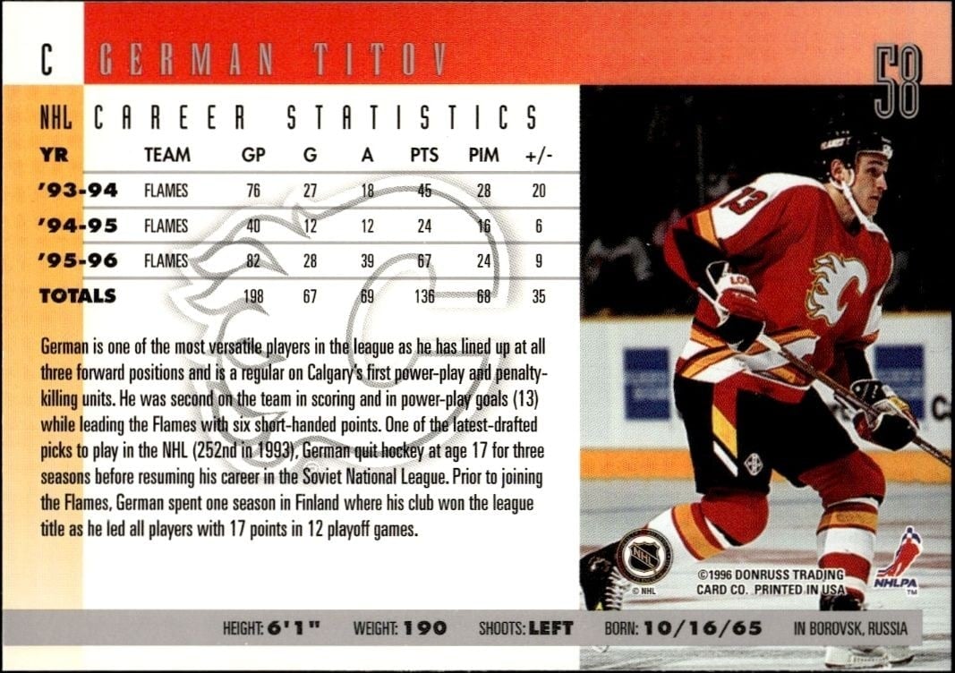 1996-97 Donruss German Titov #58 hockey trading card back