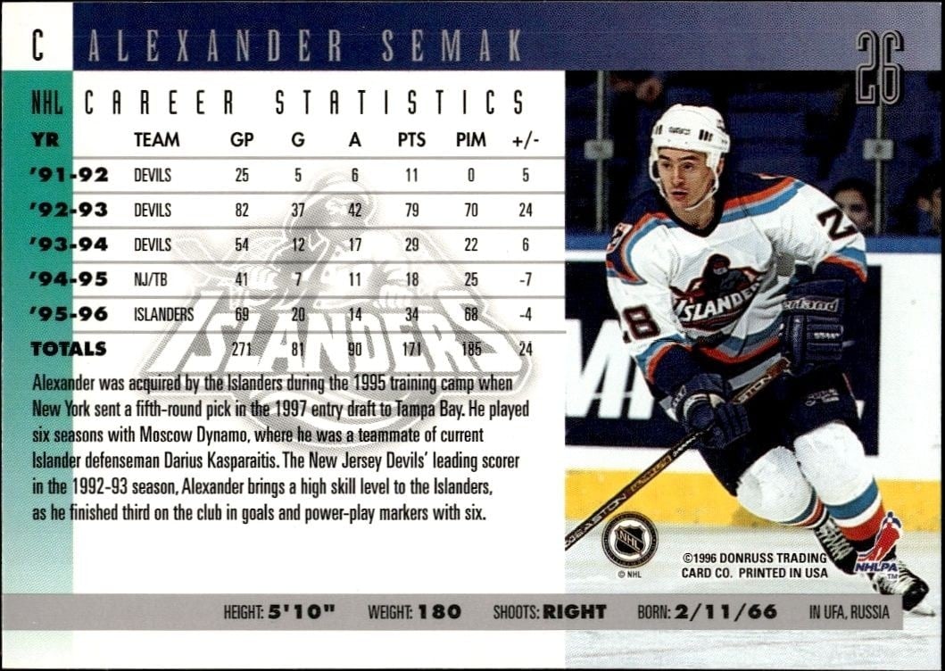 1996-97 Donruss Alexander Semak #26 hockey trading card back