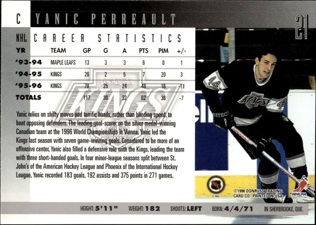 1996-97 Donruss Yanic Perreault #21 hockey trading card back
