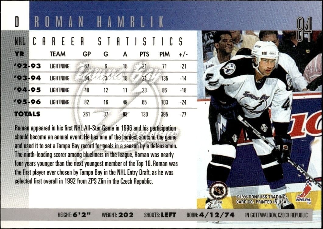 1996-97 Donruss Roman Hamrlik #84 hockey trading card back