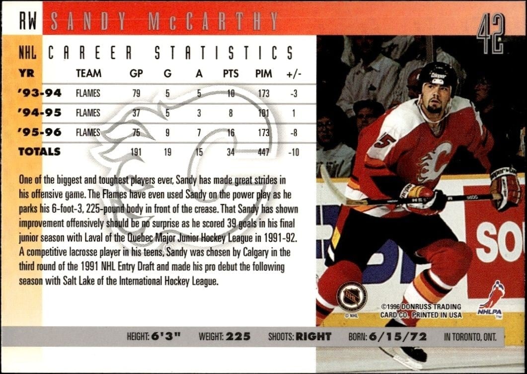 1996-97 Donruss Sandy McCarthy #42 hockey trading card back