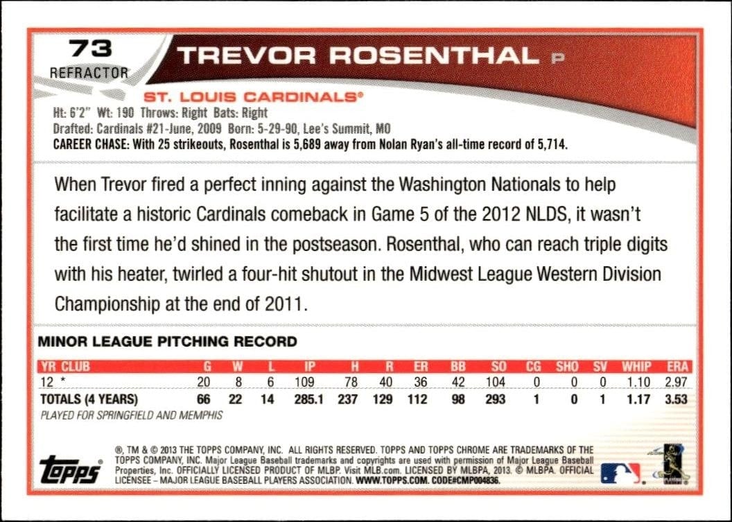 2013 Topps Chrome Trevor Rosenthal #73 baseball trading card back