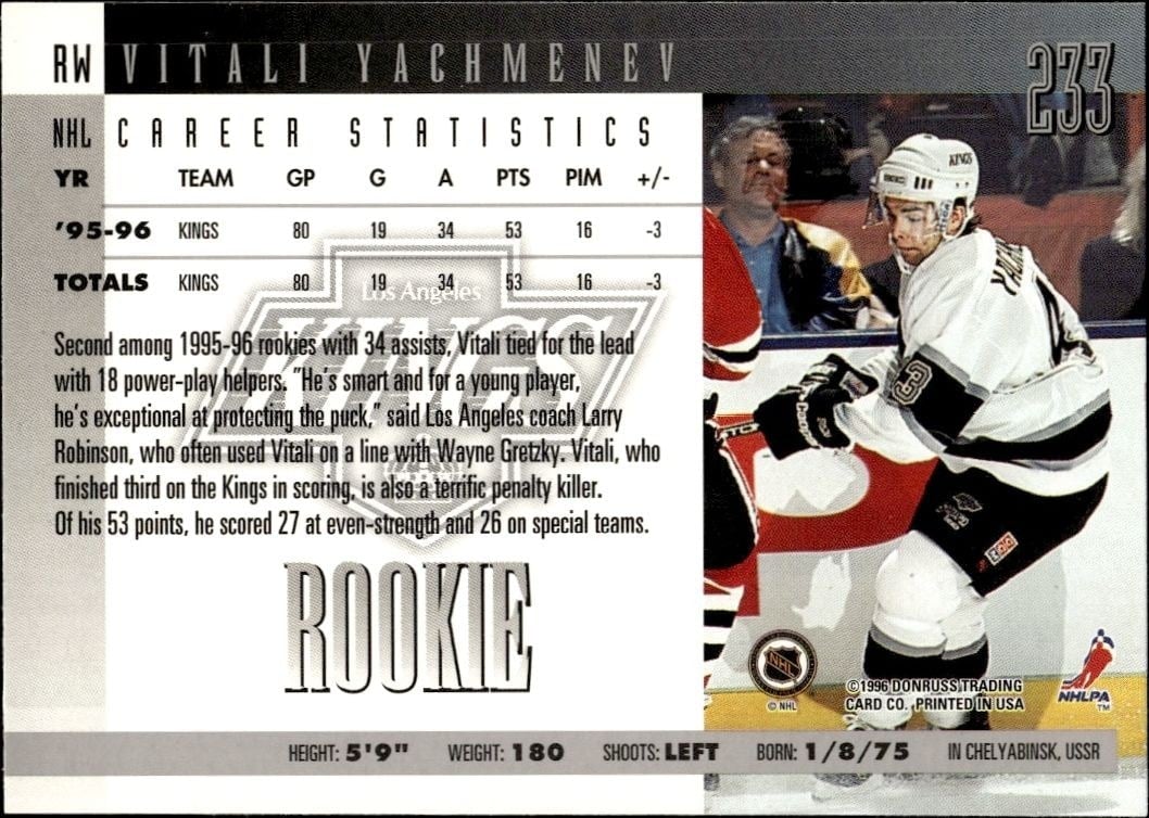 1996-97 Donruss Vitali Yachmenev #233 hockey trading card back