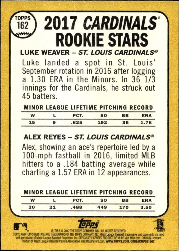 2017 Topps Heritage Luke Weaver #162 baseball trading card back
