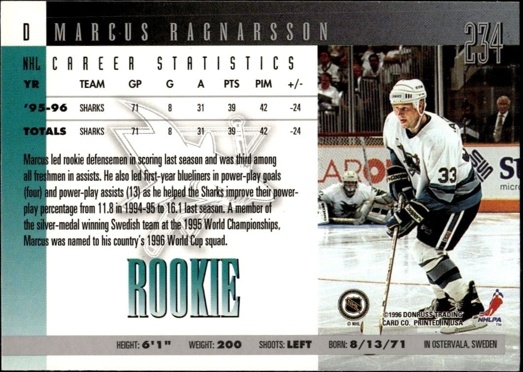 1996-97 Donruss Marcus Ragnarsson #234 hockey trading card back