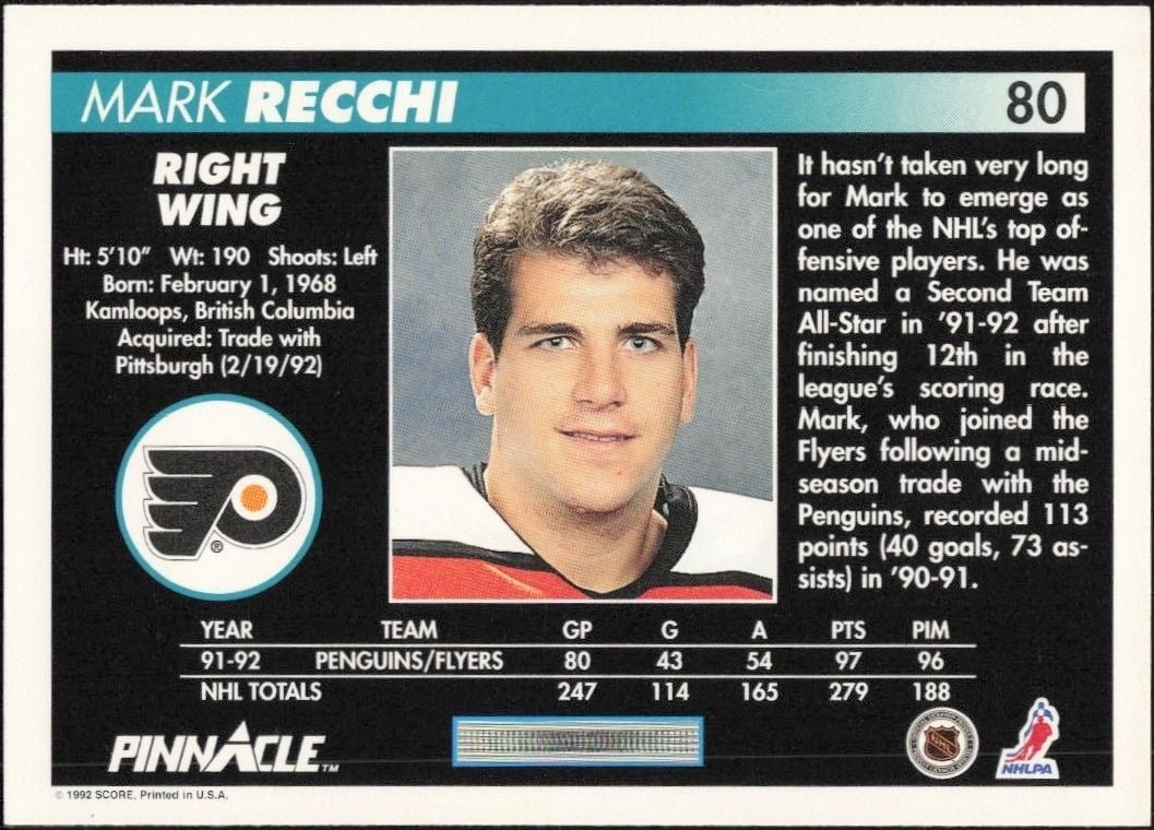 1992-93 Pinnacle Mark Recchi #80 hockey trading card back