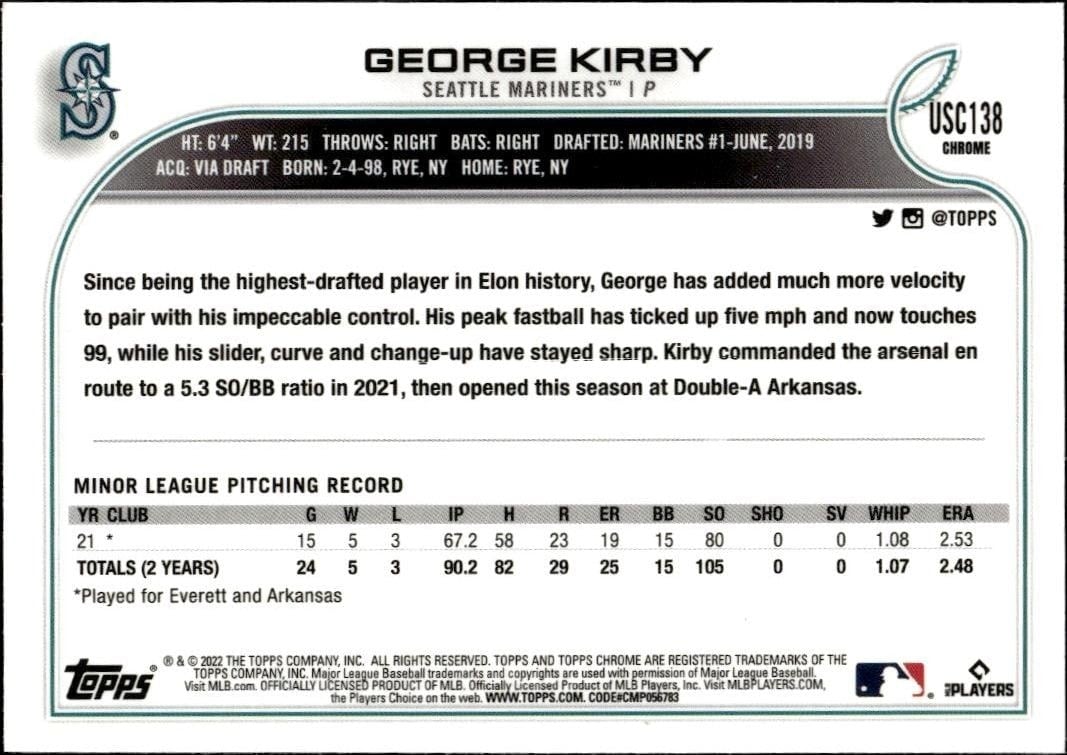 2022 Topps Chrome Update George Kirby #USC138 baseball trading card back