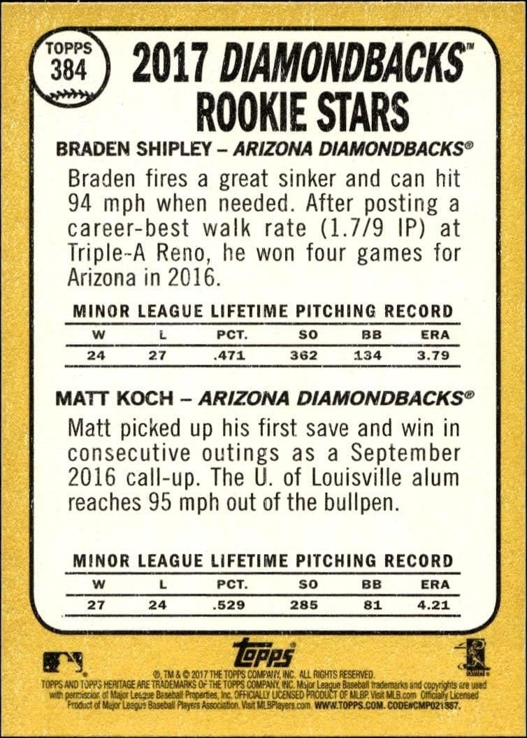 2017 Topps Heritage Braden Shipley #384 baseball trading card back