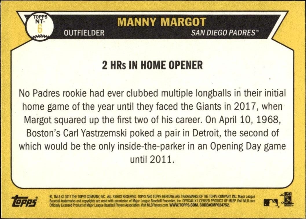 2017 Topps Heritage Manny Margot #NT-6 baseball trading card back
