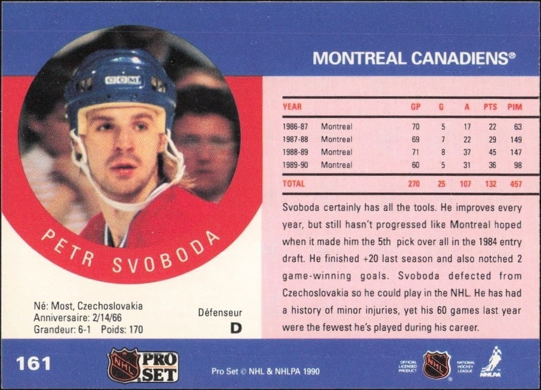 1990-91 Pro Set Petr Svoboda #161 hockey trading card back
