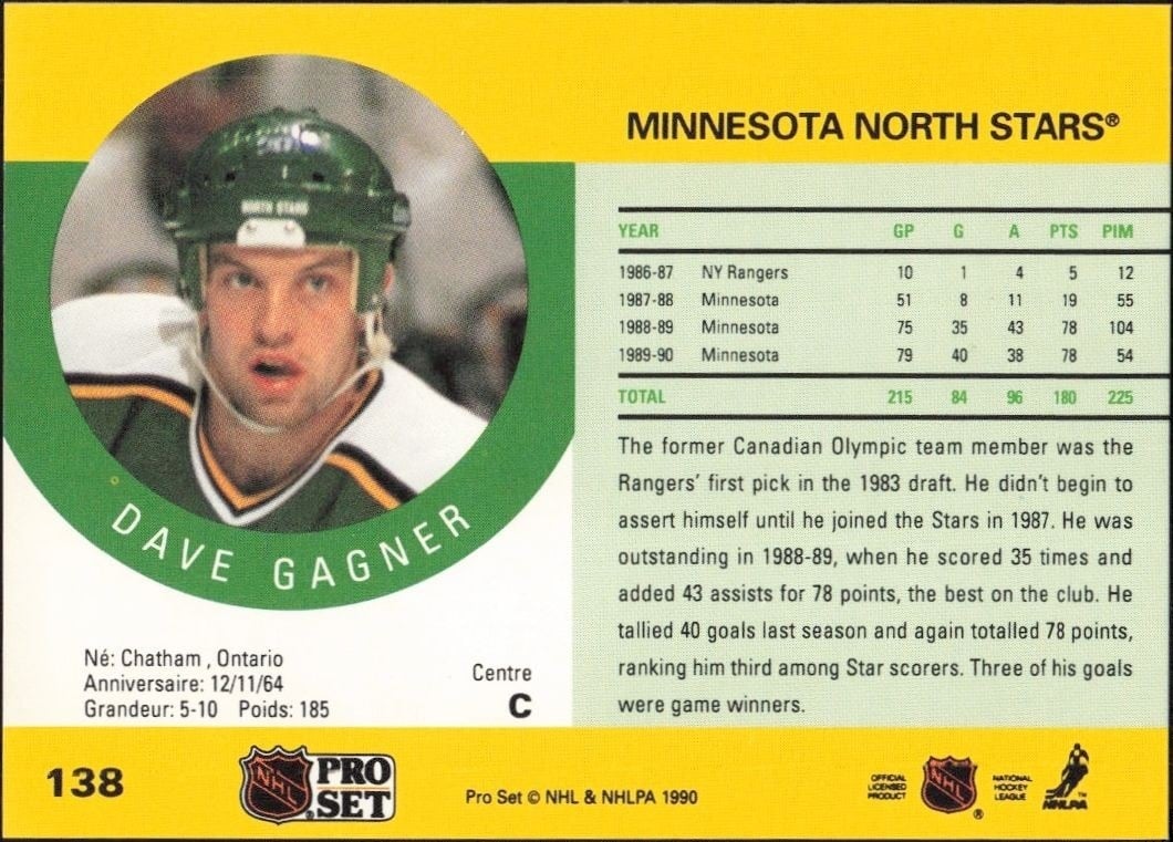 1990-91 Pro Set Dave Gagner #138 hockey trading card back