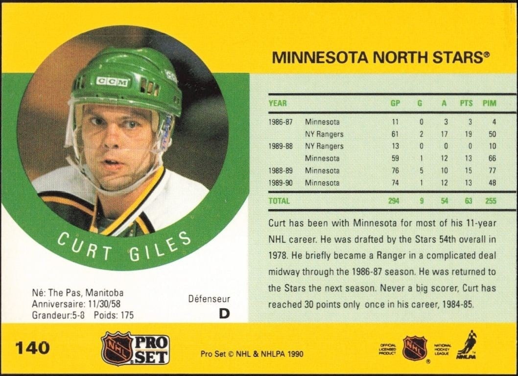 1990-91 Pro Set Curt Giles #140 hockey trading card back