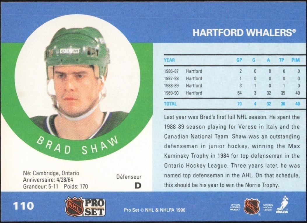 1990-91 Pro Set Brad Shaw #110 hockey trading card back
