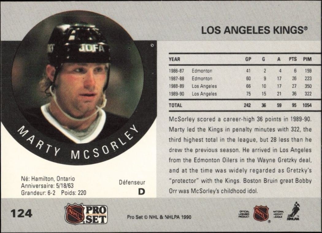 1990-91 Pro Set Marty McSorley #124 hockey trading card back