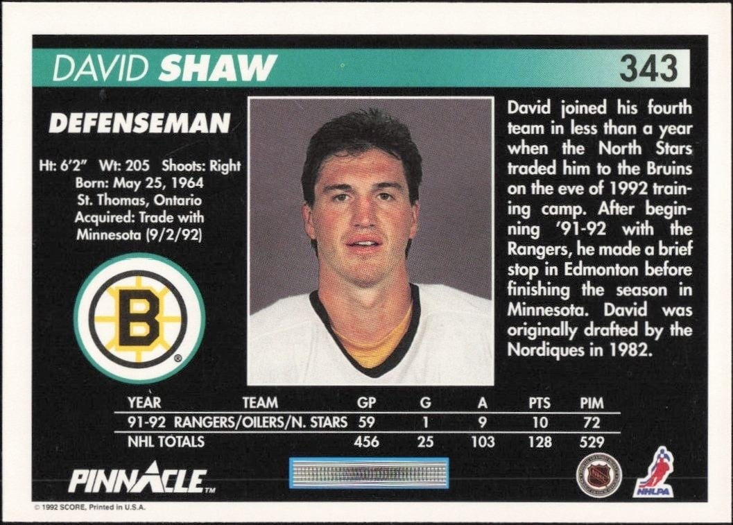 1992-93 Pinnacle David Shaw #343 hockey trading card back