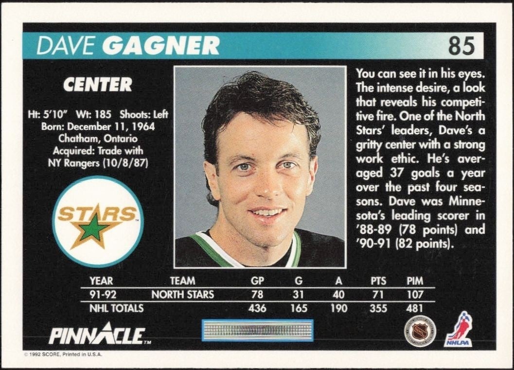 1992-93 Pinnacle Dave Gagner #85 hockey trading card back