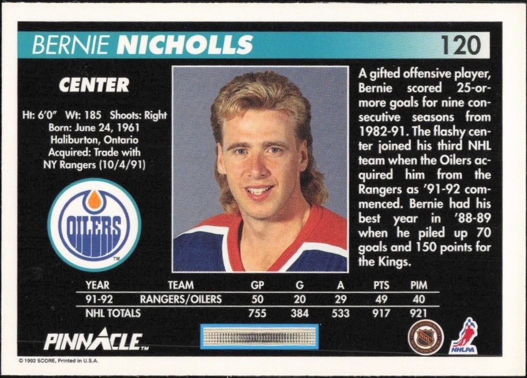 1992-93 Pinnacle Cam Neely #232 hockey trading card back