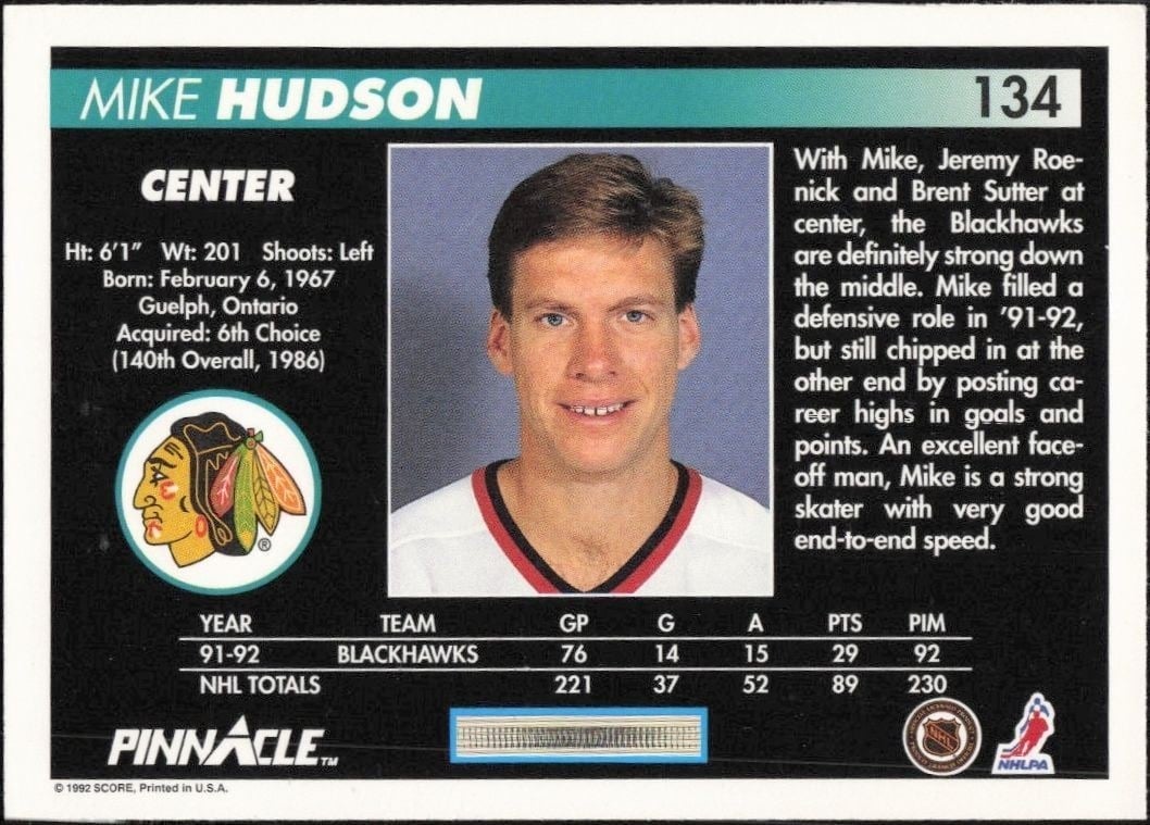 1992-93 Pinnacle Kris King #253 hockey trading card back