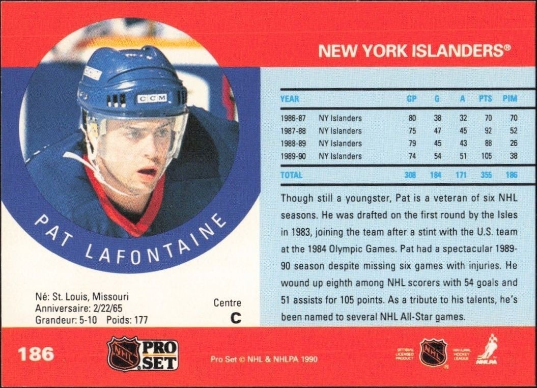 1990-91 Pro Set Pat Lafontaine #186 hockey trading card back