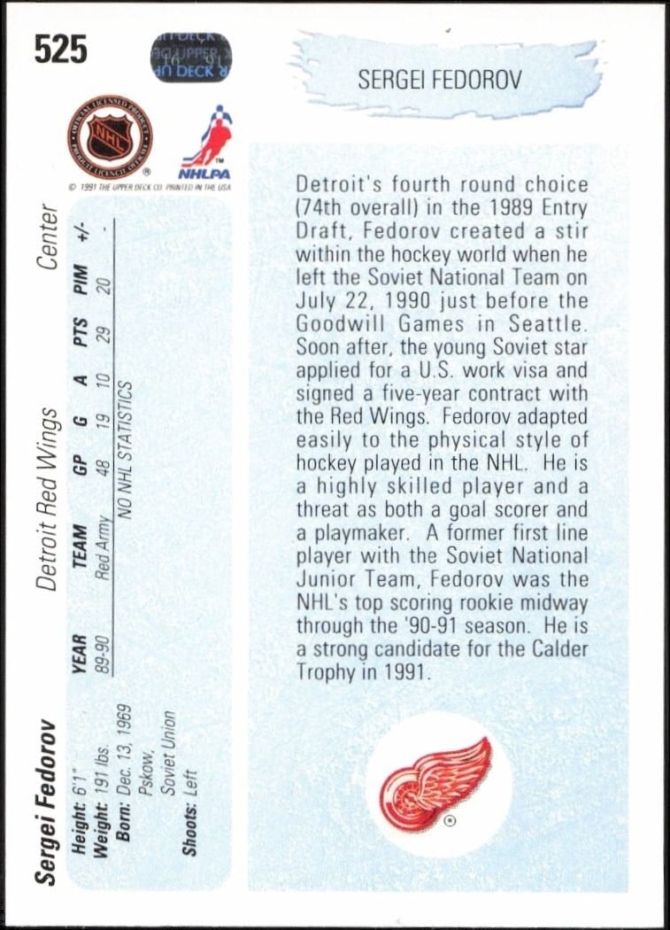 1990-91 Upper Deck Sergei Fedorov #525 hockey trading card back