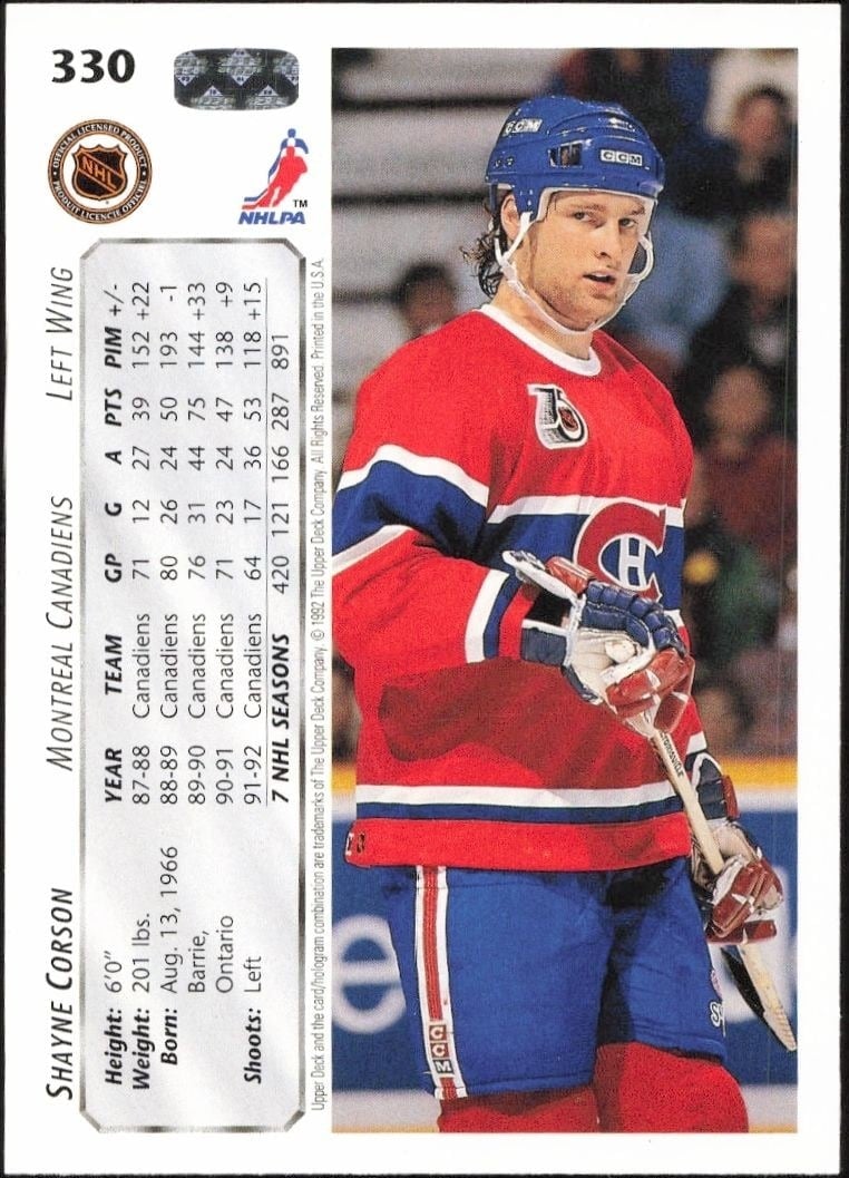 1992-93 Upper Deck Shayne Corson #330 hockey trading card back