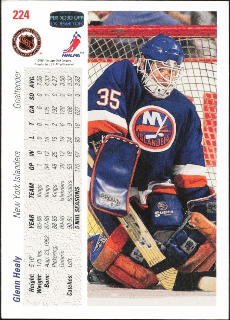 1991-92 Upper Deck Glenn Healy #224 hockey trading card back