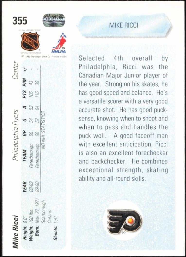1990-91 Upper Deck Mike Ricci #355 hockey trading card back