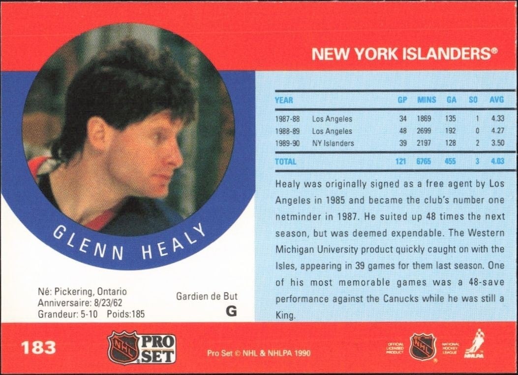 1990-91 Pro Set Glenn Healy #183 hockey trading card back