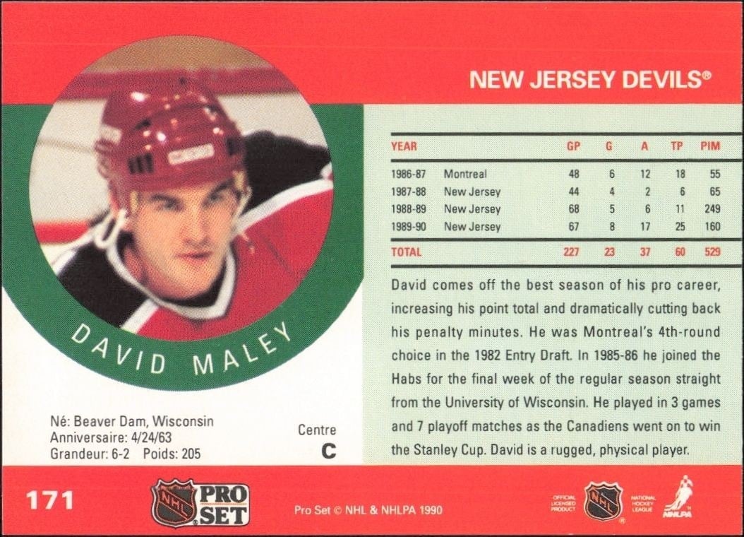 1990-91 Pro Set David Maley #171 hockey trading card back