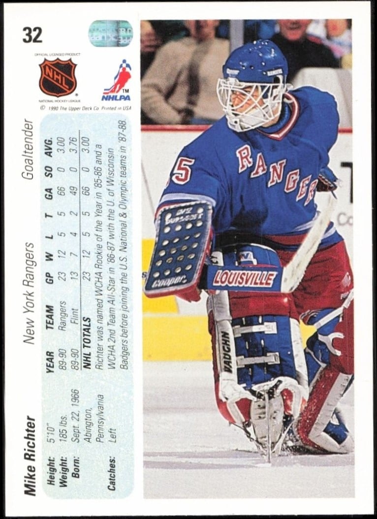 1990-91 Upper Deck Mike Richter #32 hockey trading card back