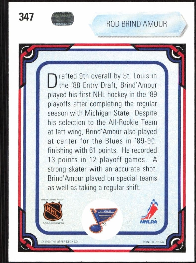 1990-91 Upper Deck Rod Brind'Amour #347 hockey trading card back