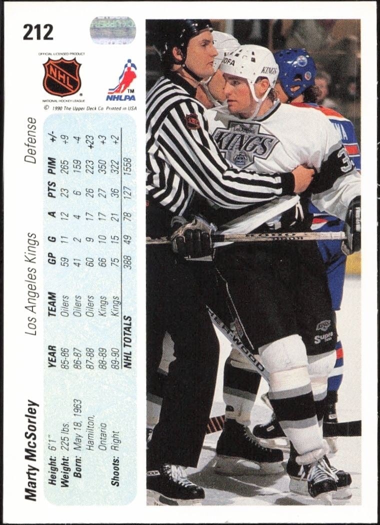 1990-91 Upper Deck Marty McSorley #212 hockey trading card back
