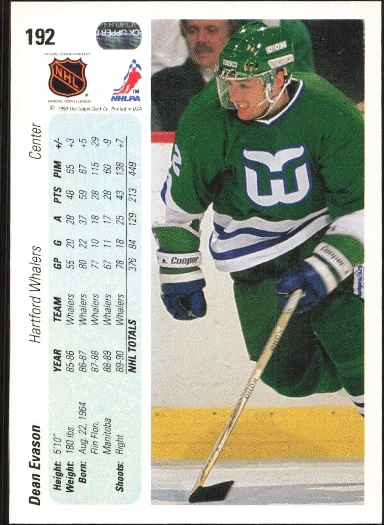 1990-91 Upper Deck Dean Evason #192 hockey trading card back