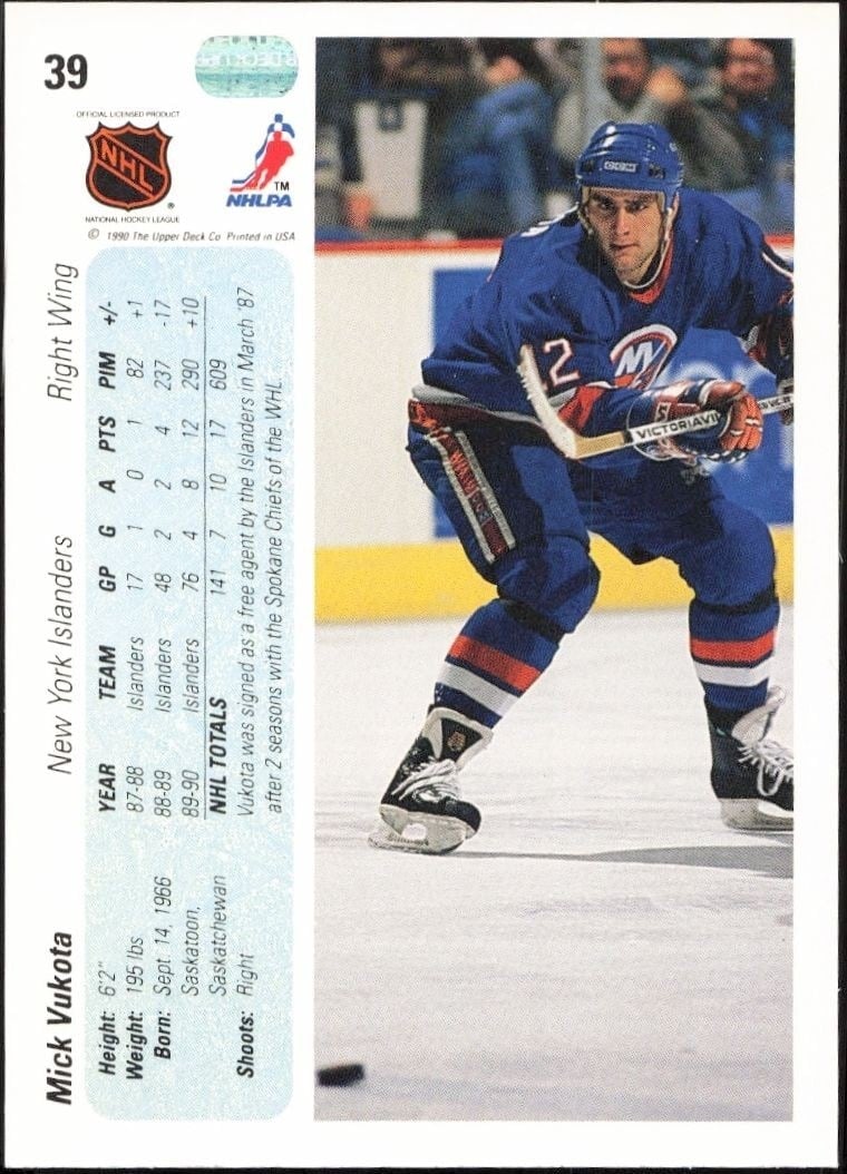 1990-91 Upper Deck Mick Vukota #39 hockey trading card back