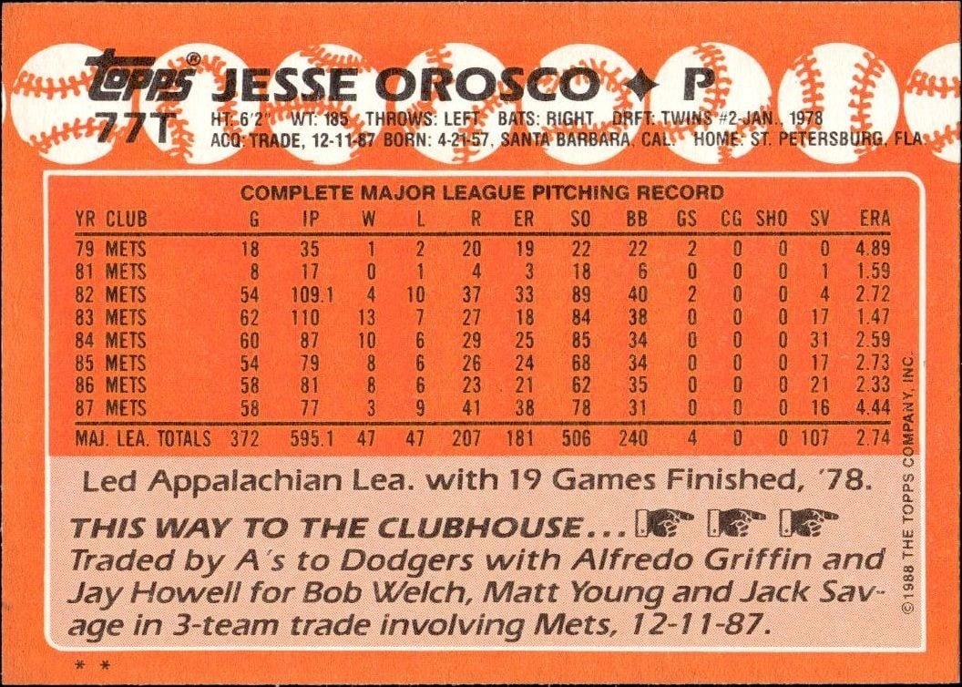 1988 Topps Traded Jesse Orosco #77T baseball trading card back