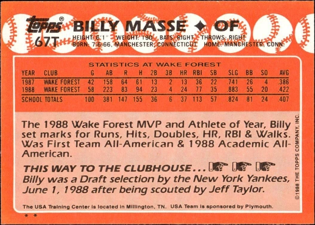 1988 Topps Traded Billy Masse #67T baseball trading card back