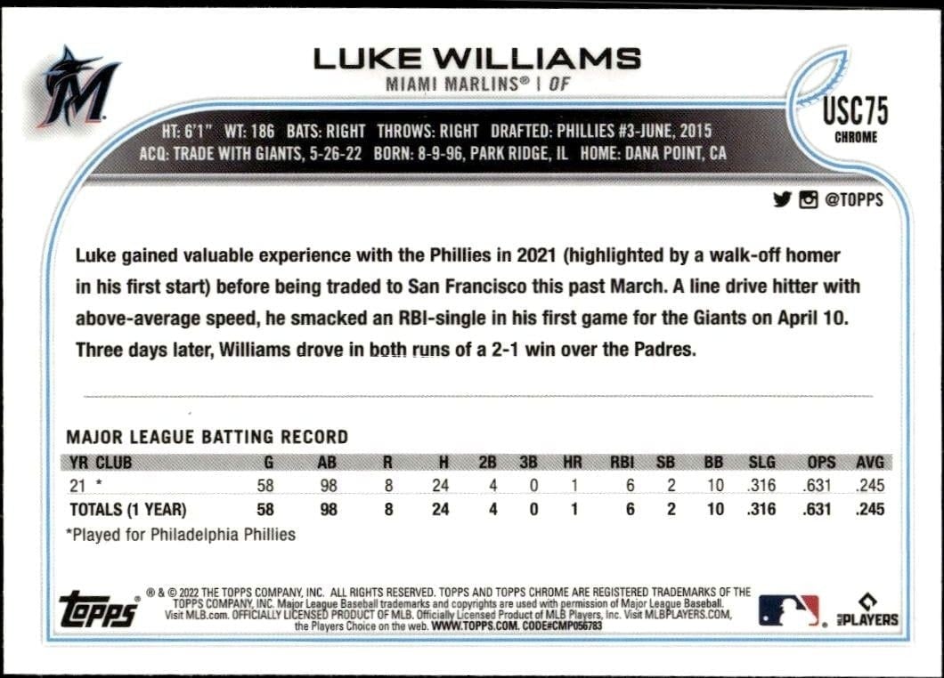 2022 Topps Chrome Update Luke Williams #USC75 baseball trading card back