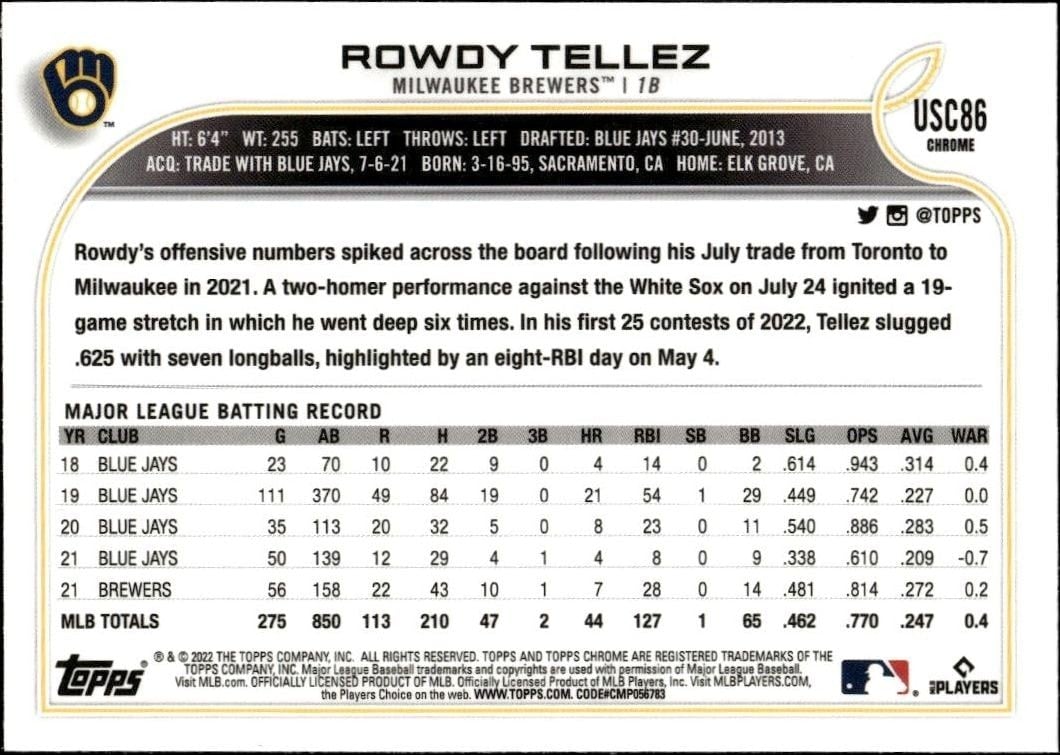 2022 Topps Chrome Update Rowdy Tellez #USC86 baseball trading card back
