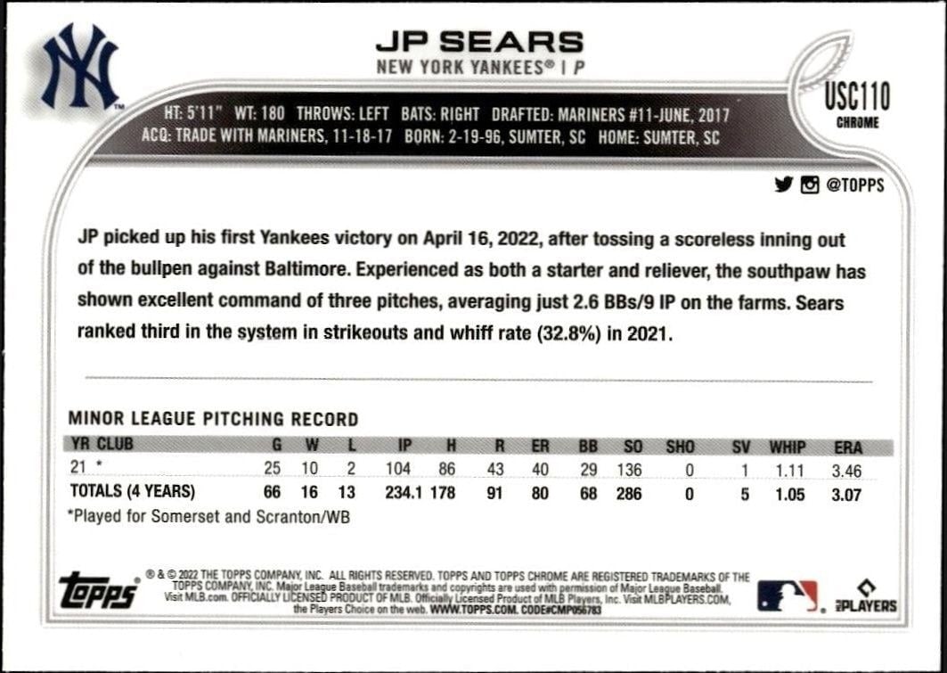 2022 Topps Chrome Update JP Sears #USC110 baseball trading card back