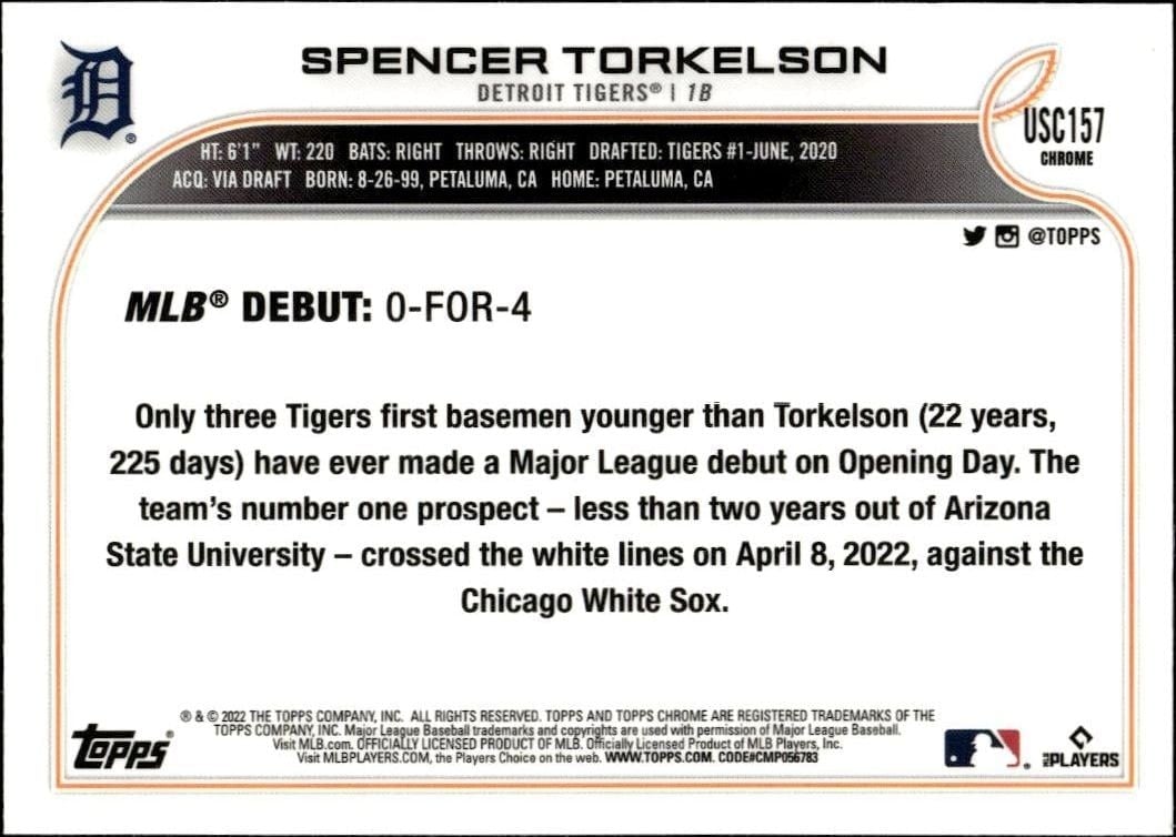 2022 Topps Chrome Update Spencer Torkelson #USC157 baseball trading card back