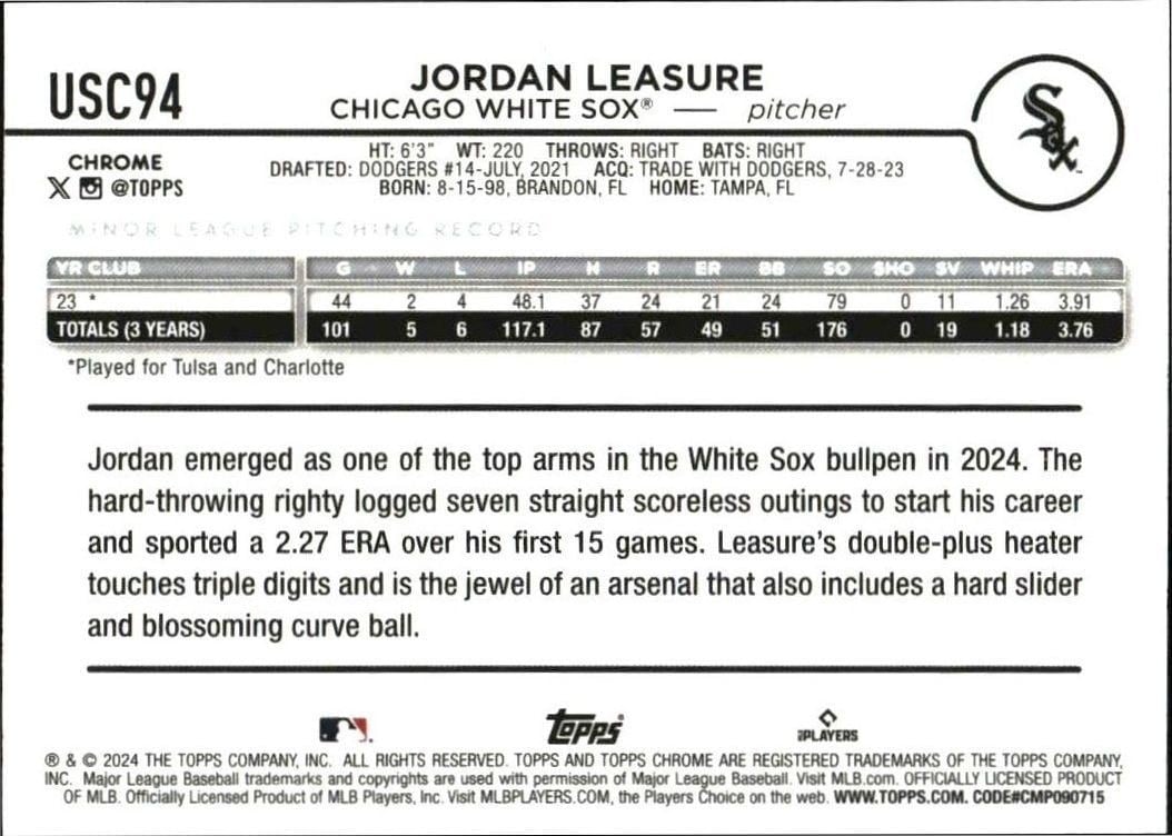 2024 Topps Chrome Update Series Jordan Leasure #USC94 baseball trading card back