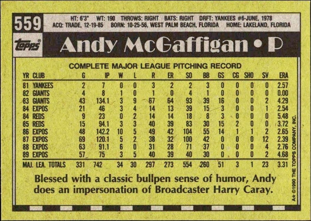 1990 Topps Andy McGaffigan #559 baseball trading card back