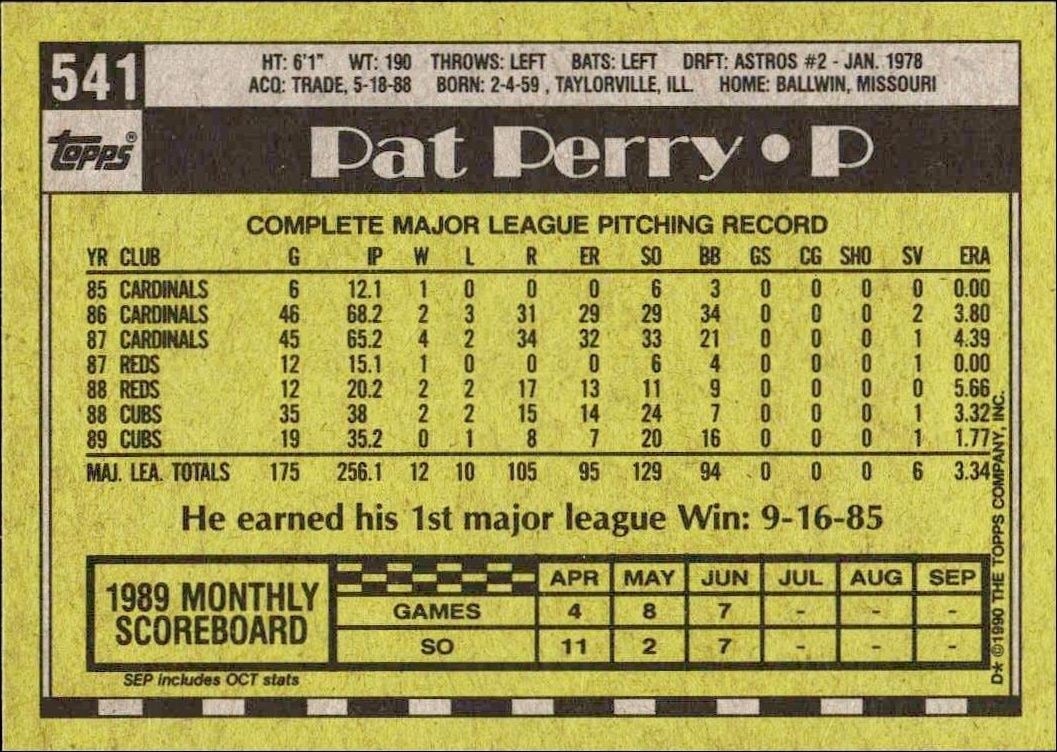 1990 Topps Pat Perry #541 baseball trading card back