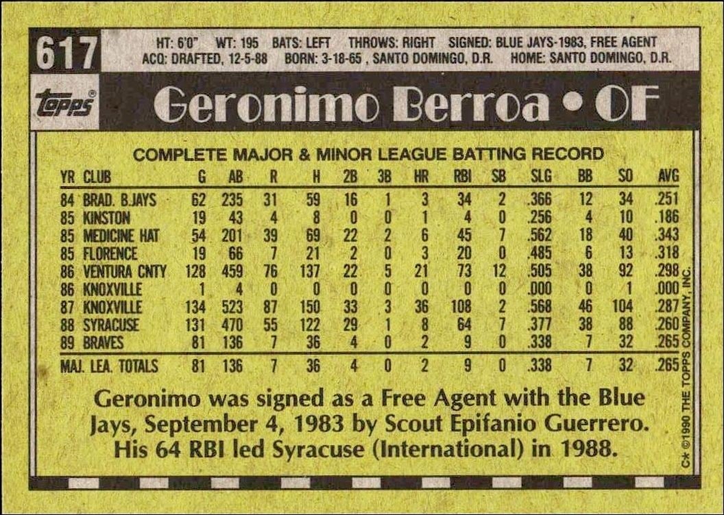 1990 Topps Geronimo Berroa #617 baseball trading card back