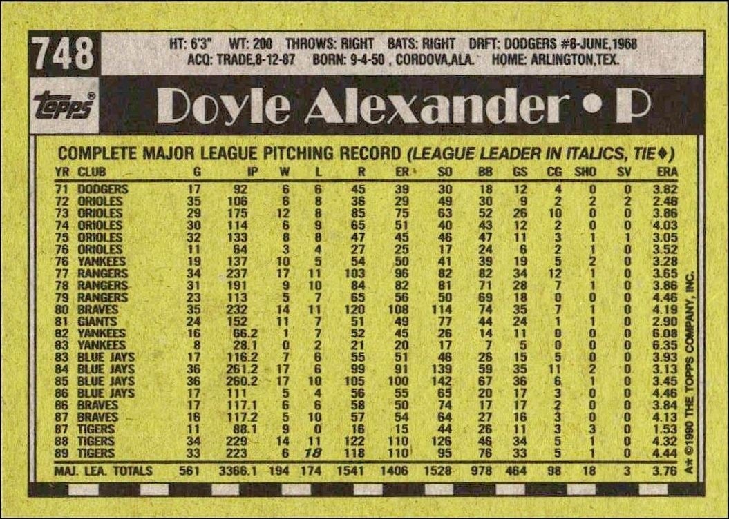 1990 Topps Doyle Alexander #748 baseball trading card back