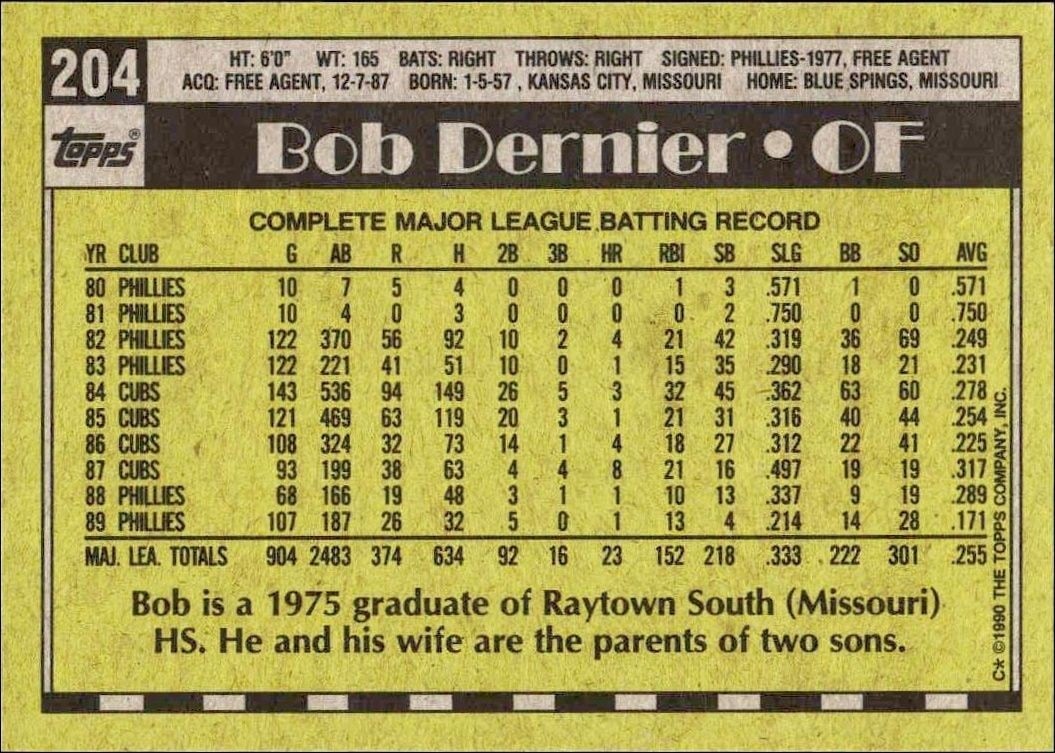 1990 Topps Bob Dernier #204 baseball trading card back