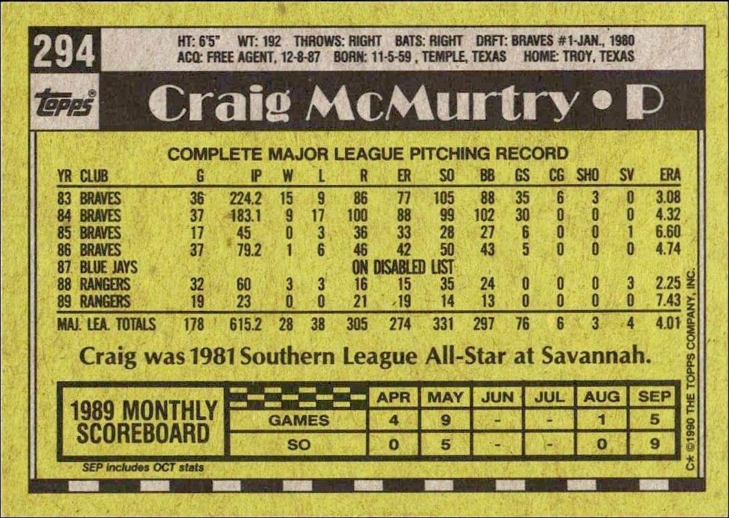 1990 Topps Craig McMurtry #294 baseball trading card back